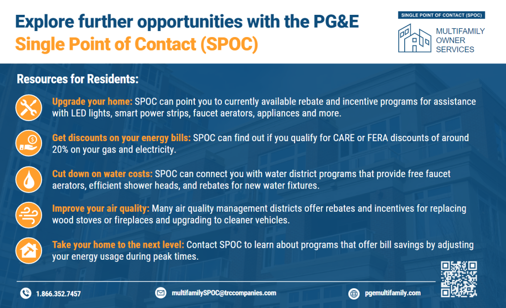 Screenshot of SPOC resident flyer showcasing resources for residents such as home upgrades, discounts on energy bills, cut down on water costs, and improving air quality.